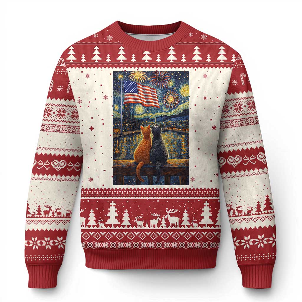 Starry Night Cat Patriotic American Pride Ugly Christmas Sweater