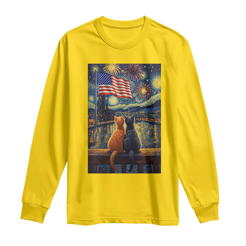 Starry Night Cat Patriotic American Pride Long Sleeve Shirt