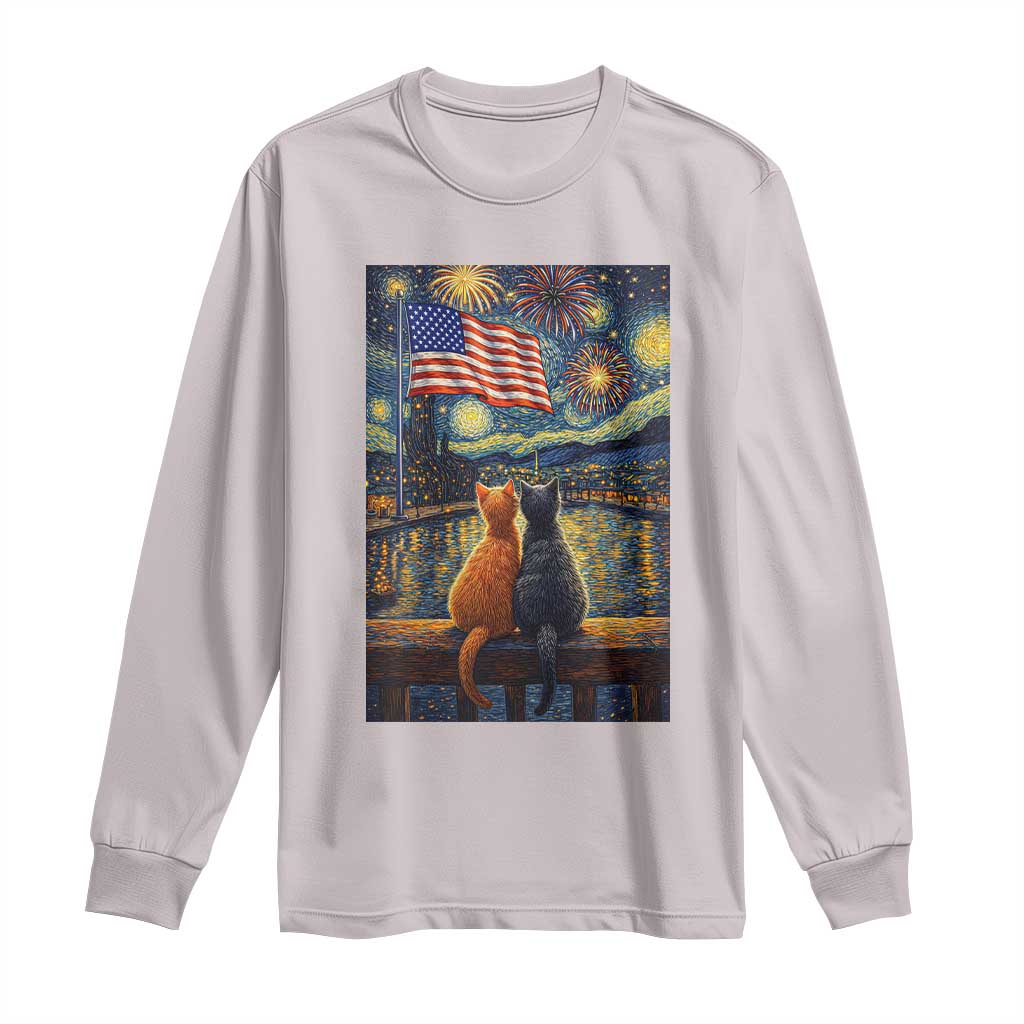Starry Night Cat Patriotic American Pride Long Sleeve Shirt