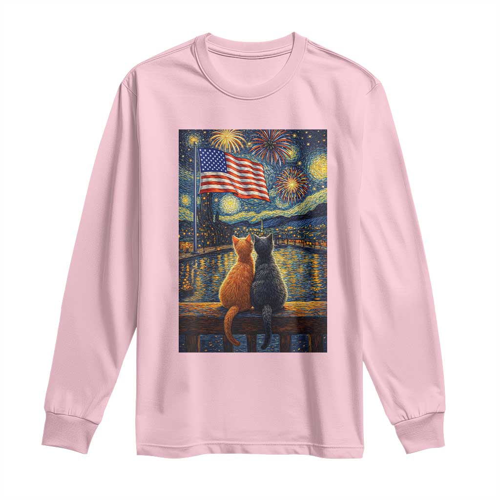 Starry Night Cat Patriotic American Pride Long Sleeve Shirt