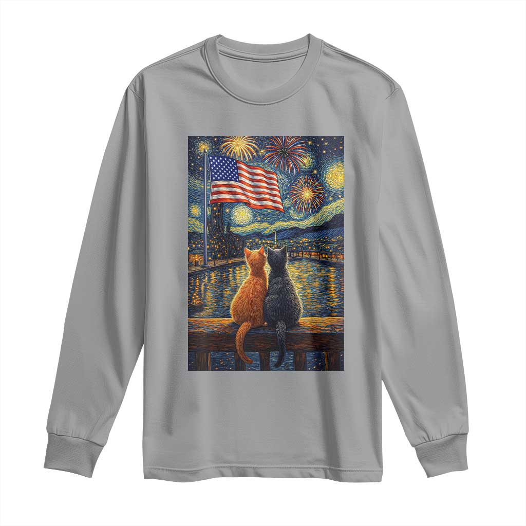 Starry Night Cat Patriotic American Pride Long Sleeve Shirt