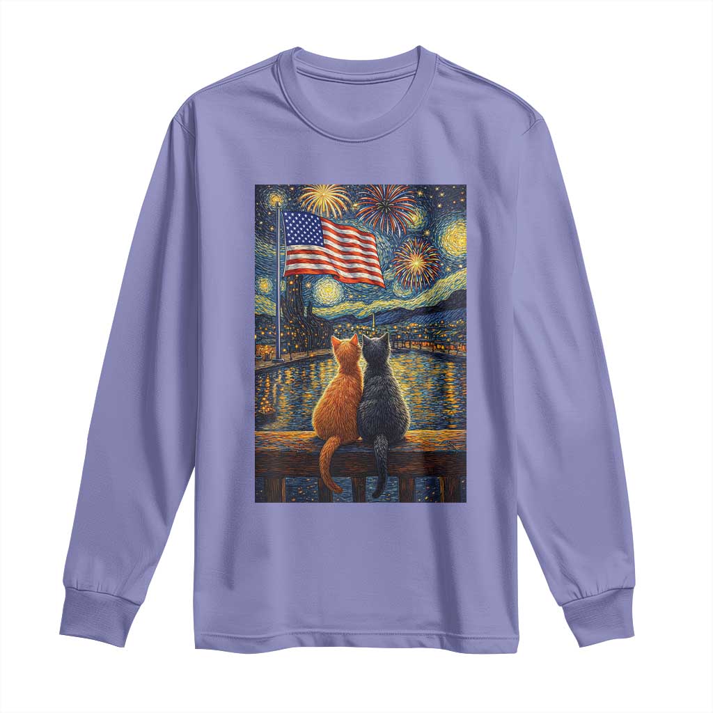 Starry Night Cat Patriotic American Pride Long Sleeve Shirt