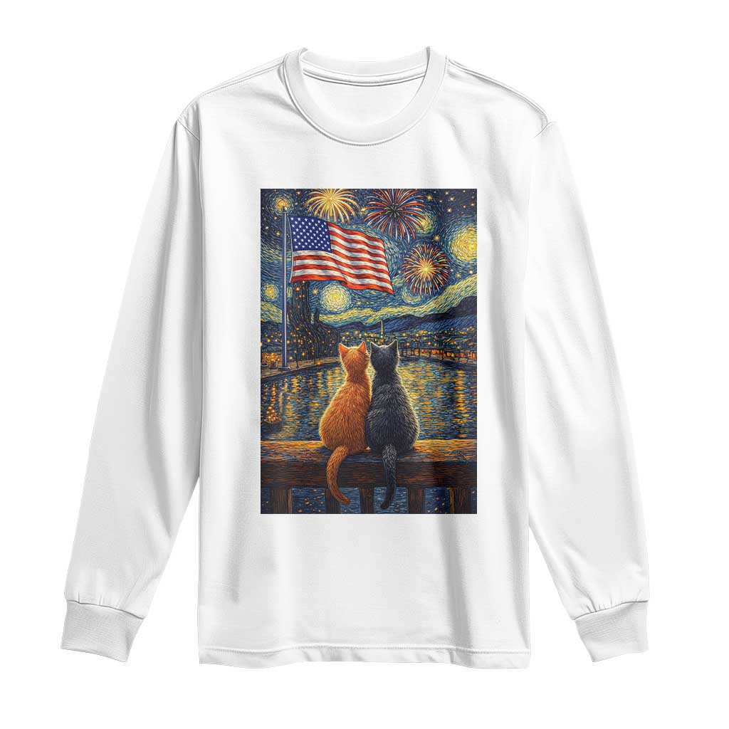 Starry Night Cat Patriotic American Pride Long Sleeve Shirt