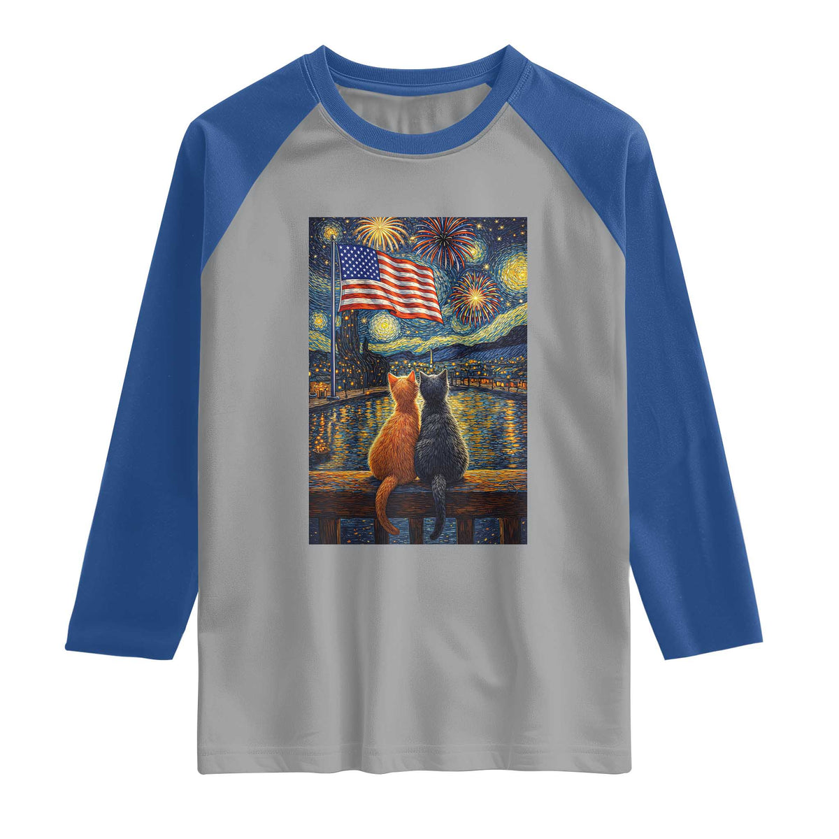 Starry Night Cat Patriotic American Pride Raglan Shirt