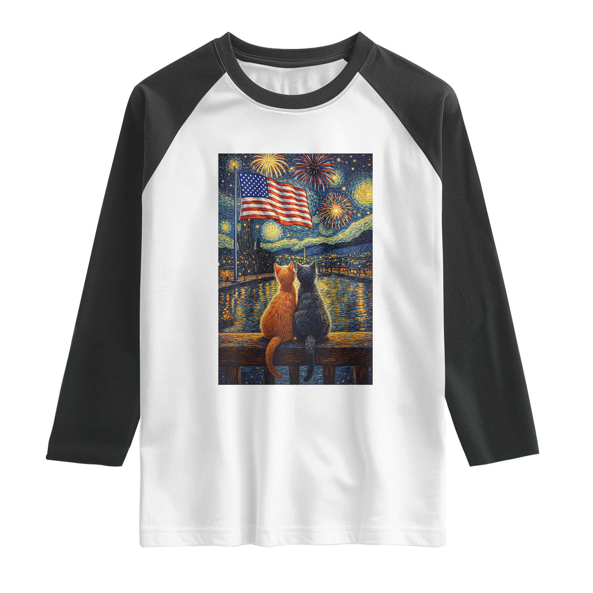 Starry Night Cat Patriotic American Pride Raglan Shirt