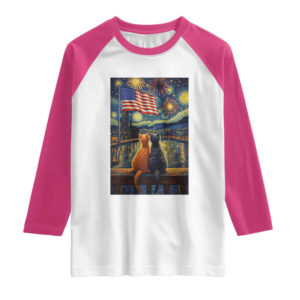 Starry Night Cat Patriotic American Pride Raglan Shirt