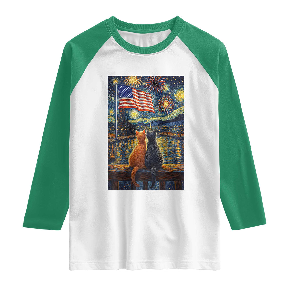 Starry Night Cat Patriotic American Pride Raglan Shirt