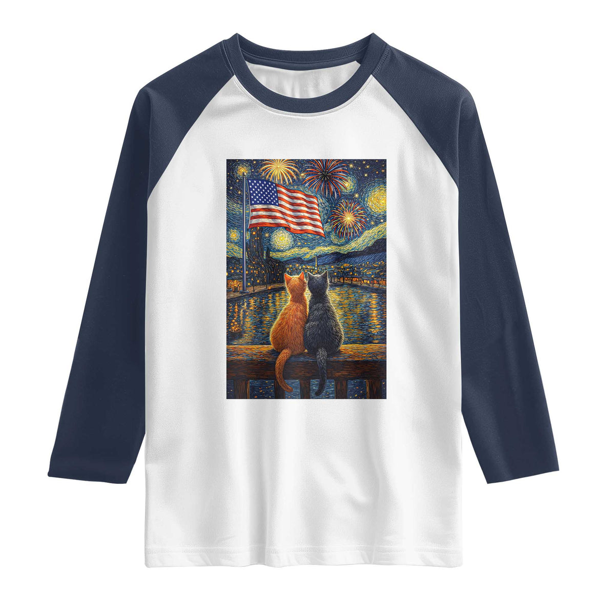 Starry Night Cat Patriotic American Pride Raglan Shirt