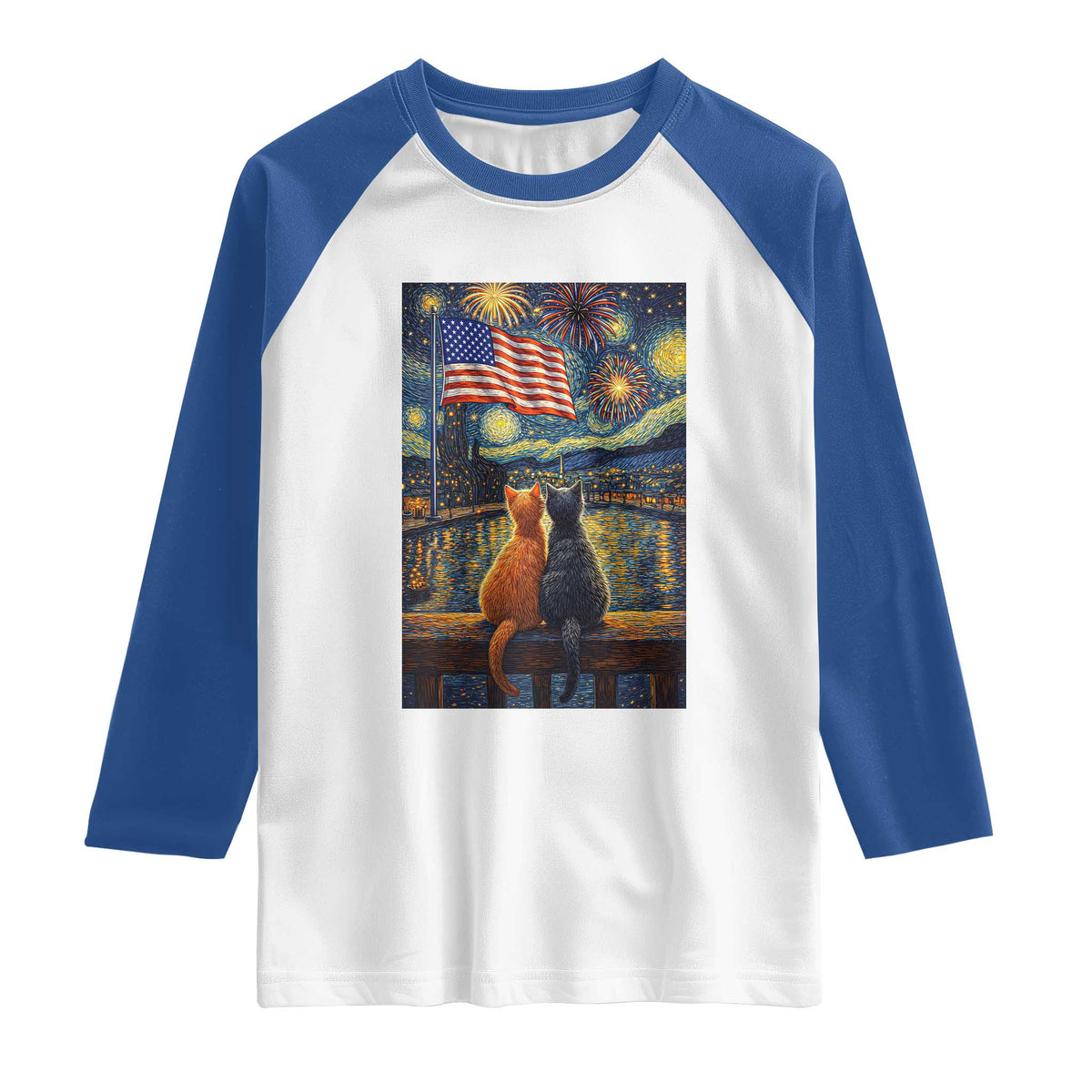 Starry Night Cat Patriotic American Pride Raglan Shirt