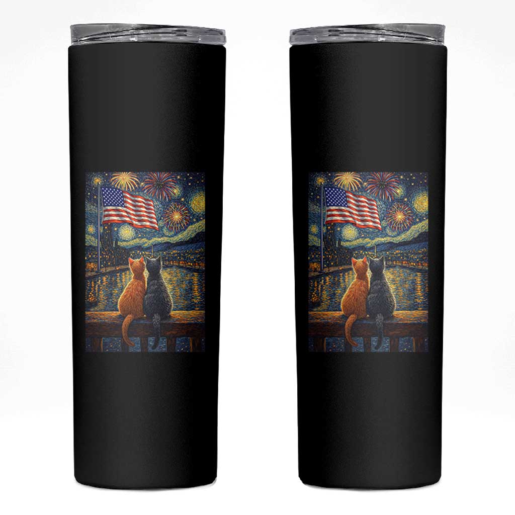 Starry Night Cat Patriotic American Pride Skinny Tumbler