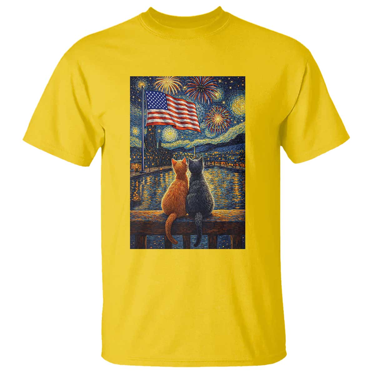 Starry Night Cat Patriotic American Pride T Shirt