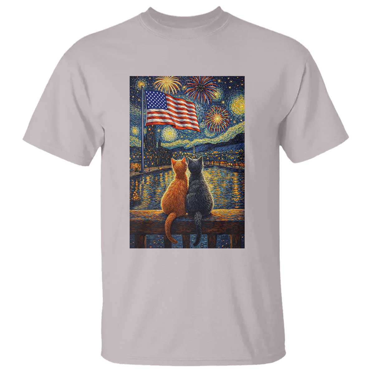 Starry Night Cat Patriotic American Pride T Shirt