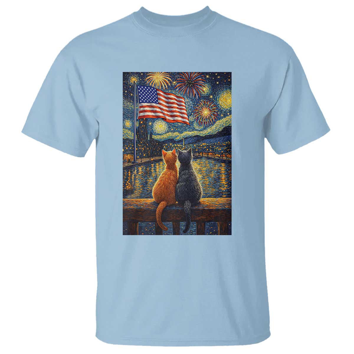 Starry Night Cat Patriotic American Pride T Shirt