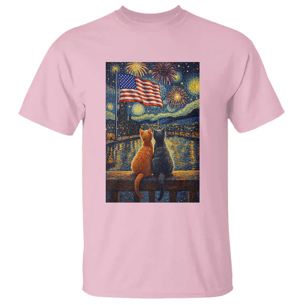 Starry Night Cat Patriotic American Pride T Shirt