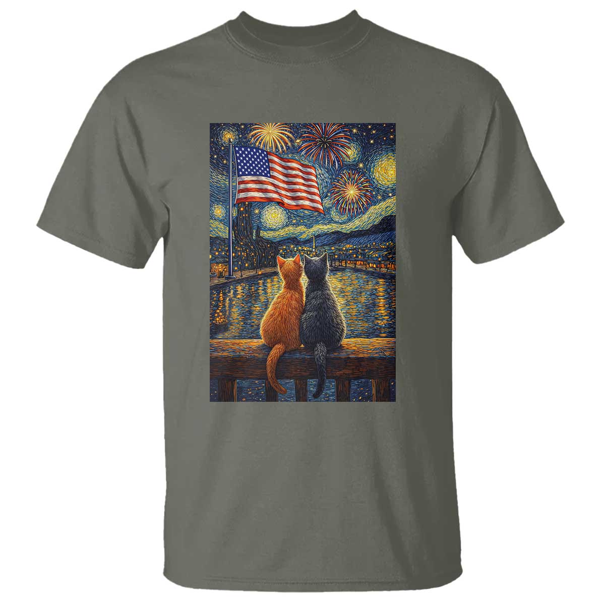 Starry Night Cat Patriotic American Pride T Shirt