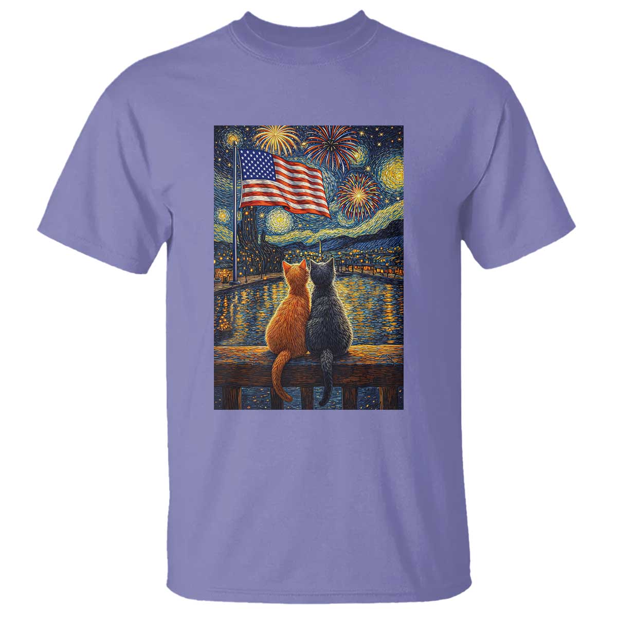 Starry Night Cat Patriotic American Pride T Shirt