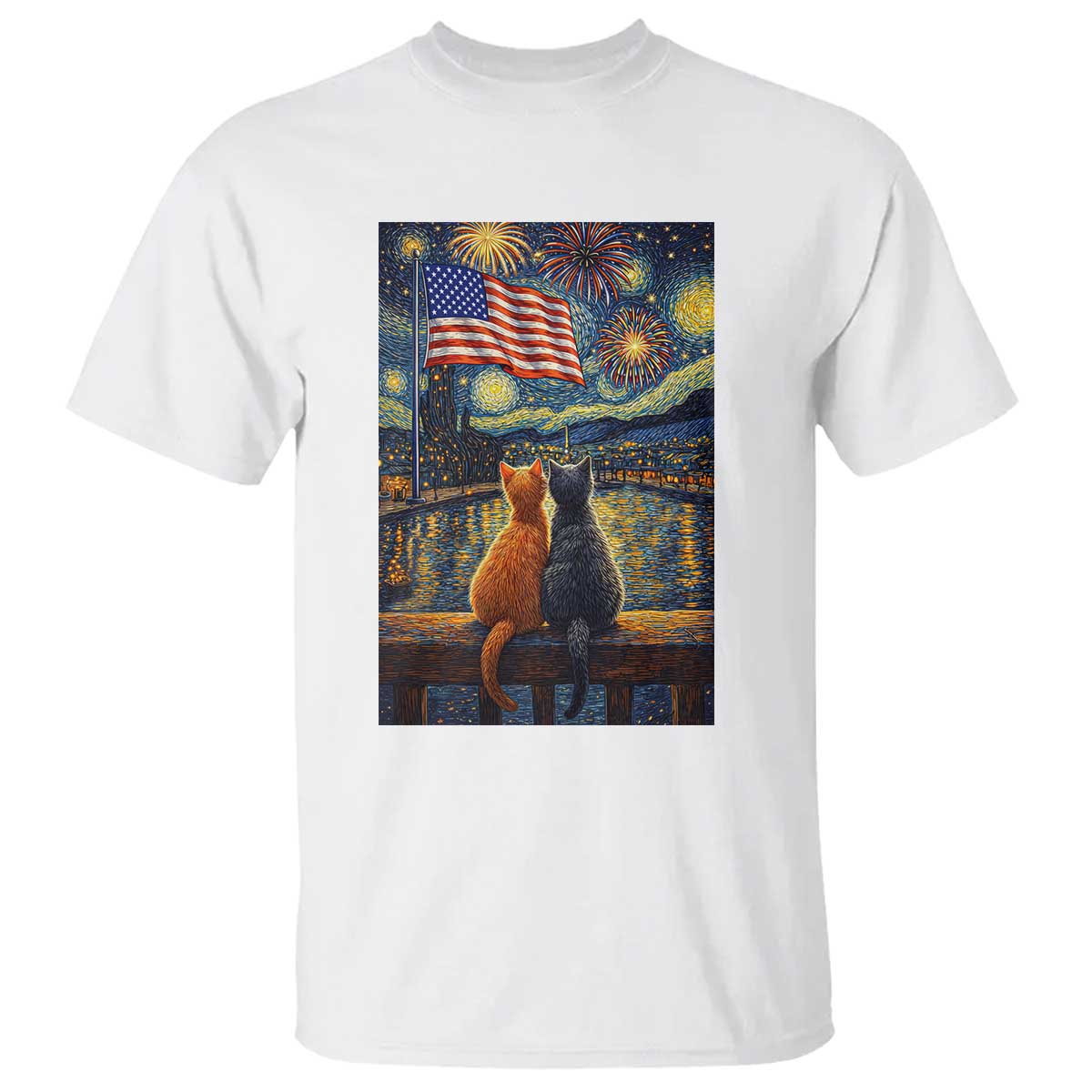 Starry Night Cat Patriotic American Pride T Shirt