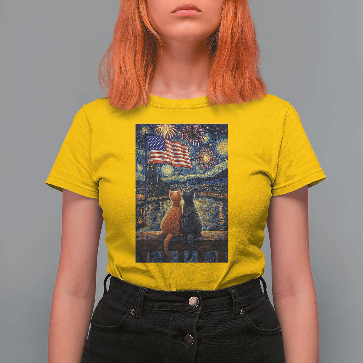 Starry Night Cat Patriotic American Pride T Shirt For Women