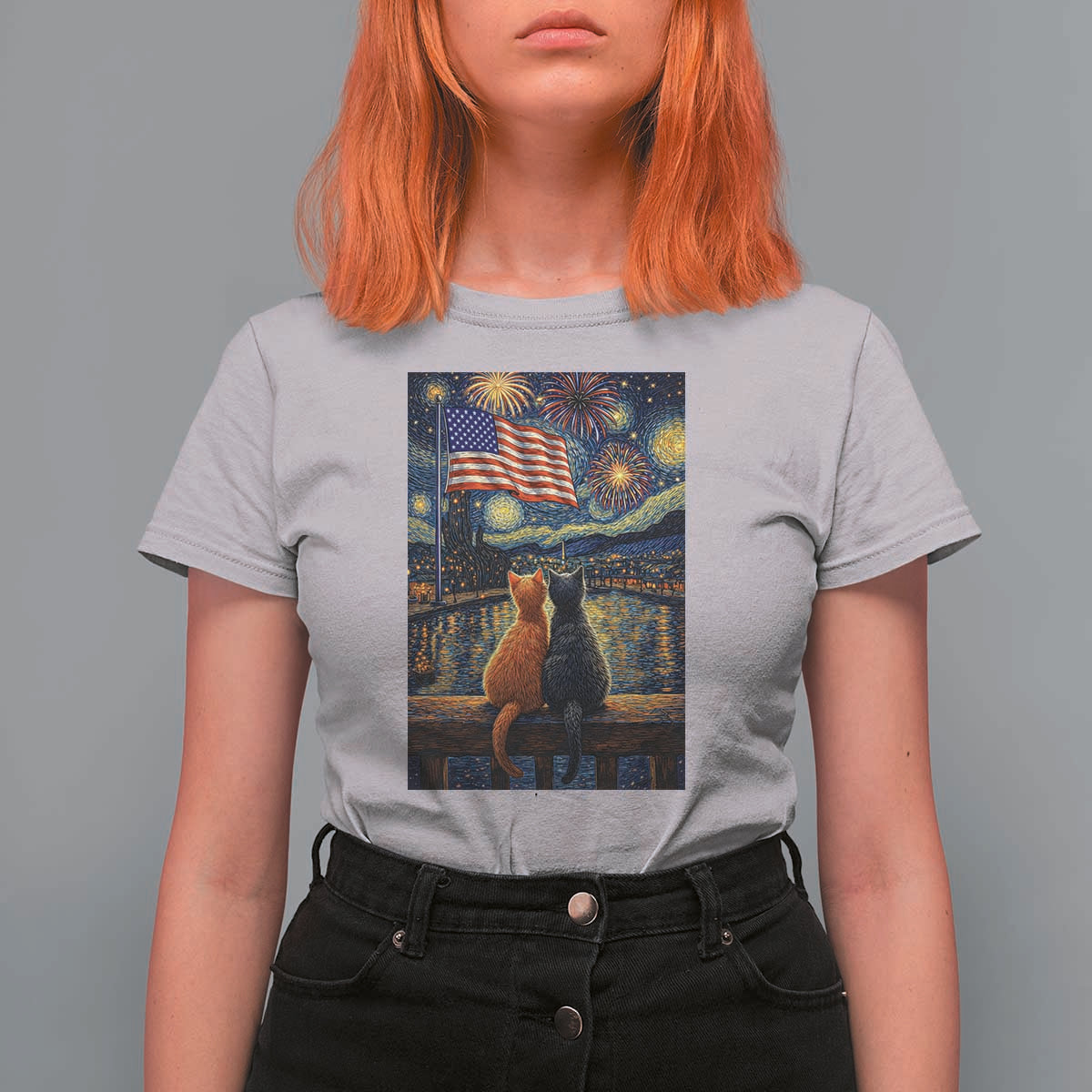 Starry Night Cat Patriotic American Pride T Shirt For Women