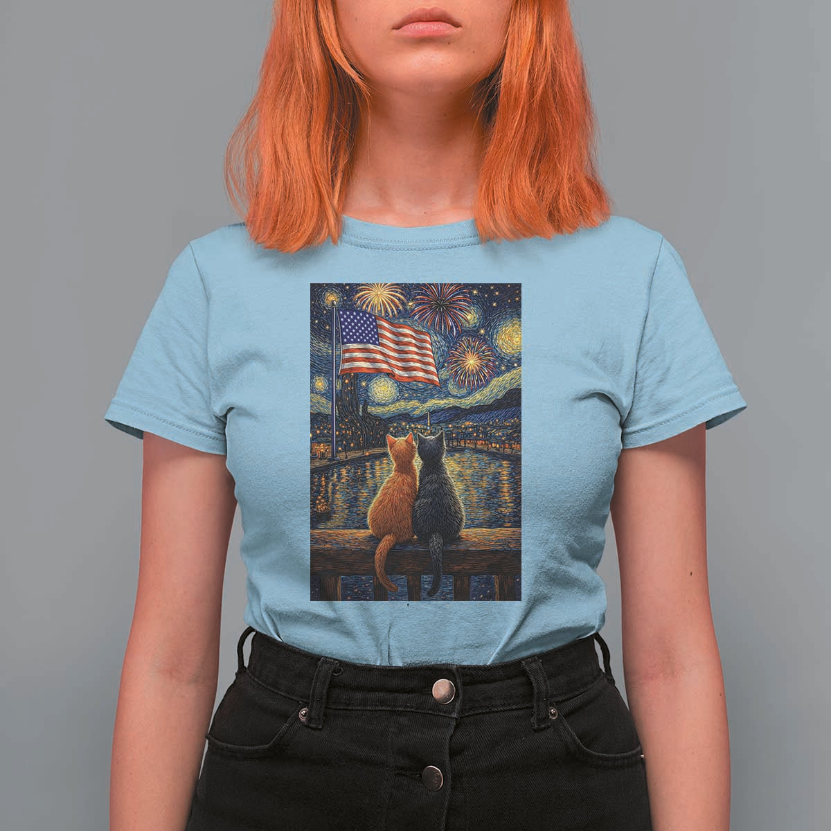 Starry Night Cat Patriotic American Pride T Shirt For Women