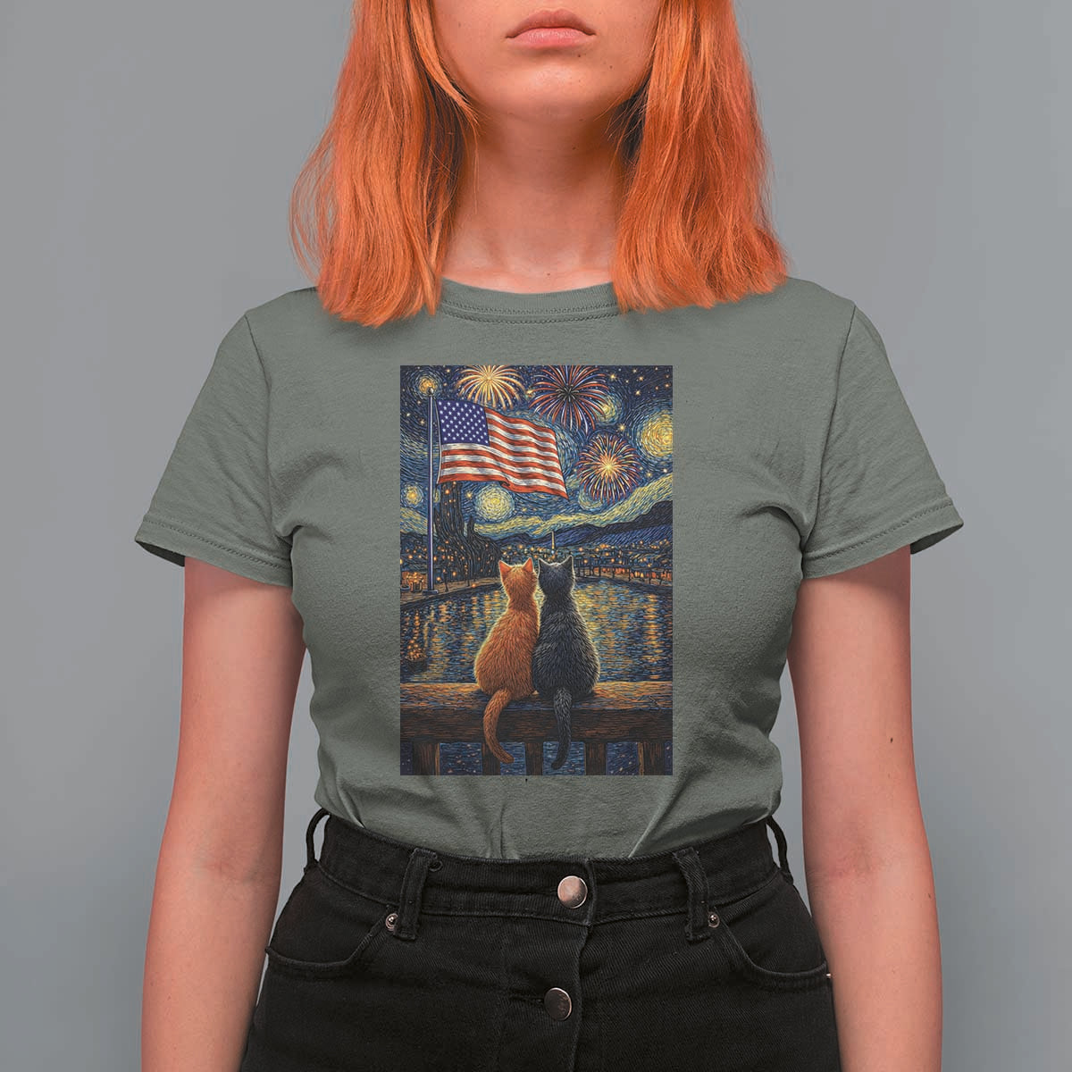 Starry Night Cat Patriotic American Pride T Shirt For Women