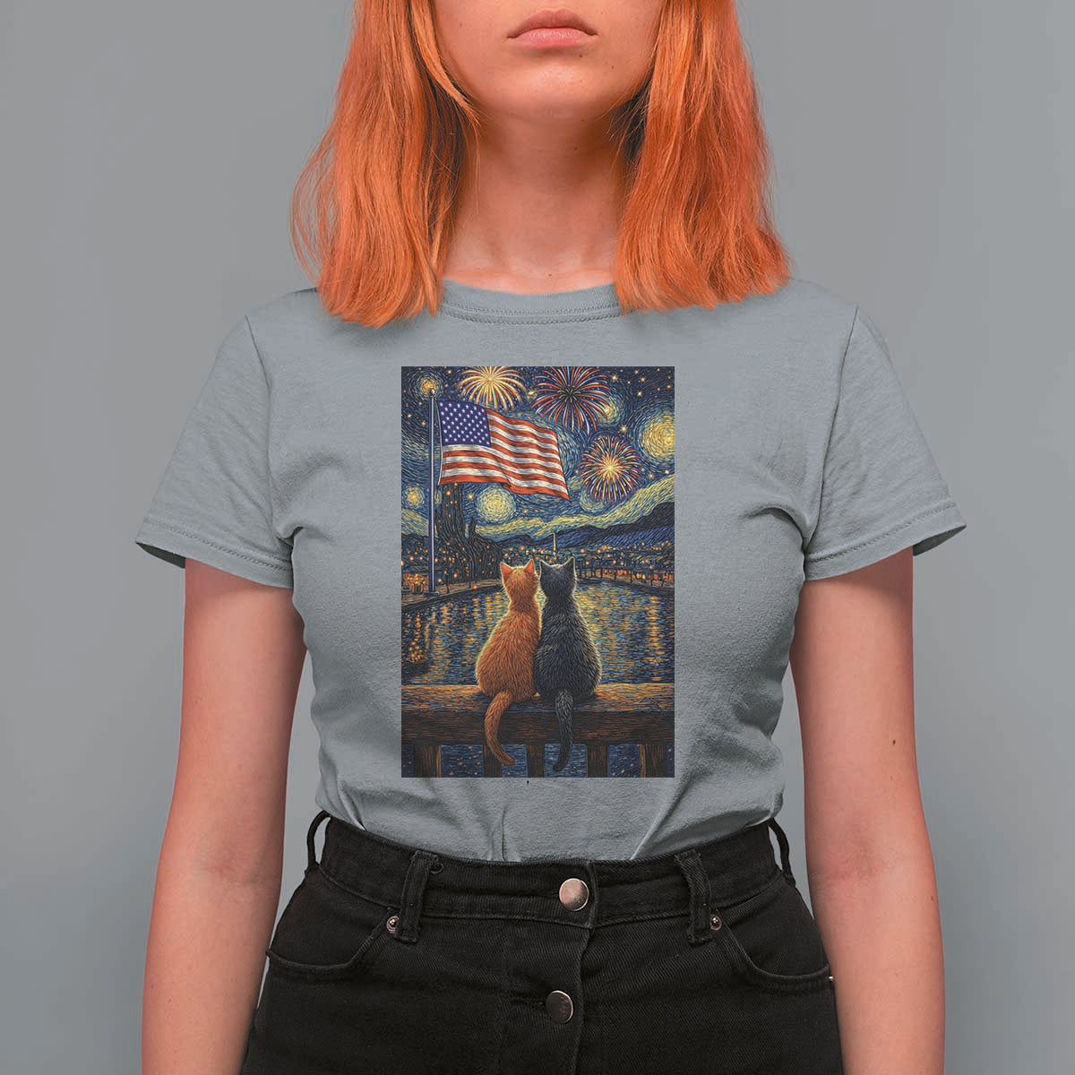 Starry Night Cat Patriotic American Pride T Shirt For Women