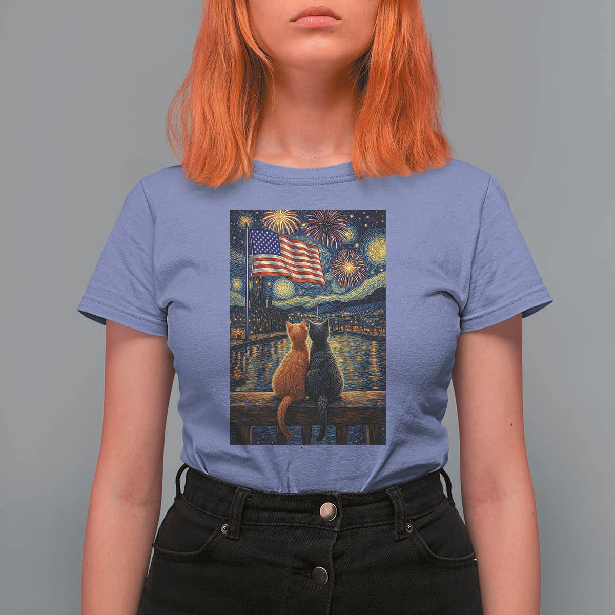 Starry Night Cat Patriotic American Pride T Shirt For Women