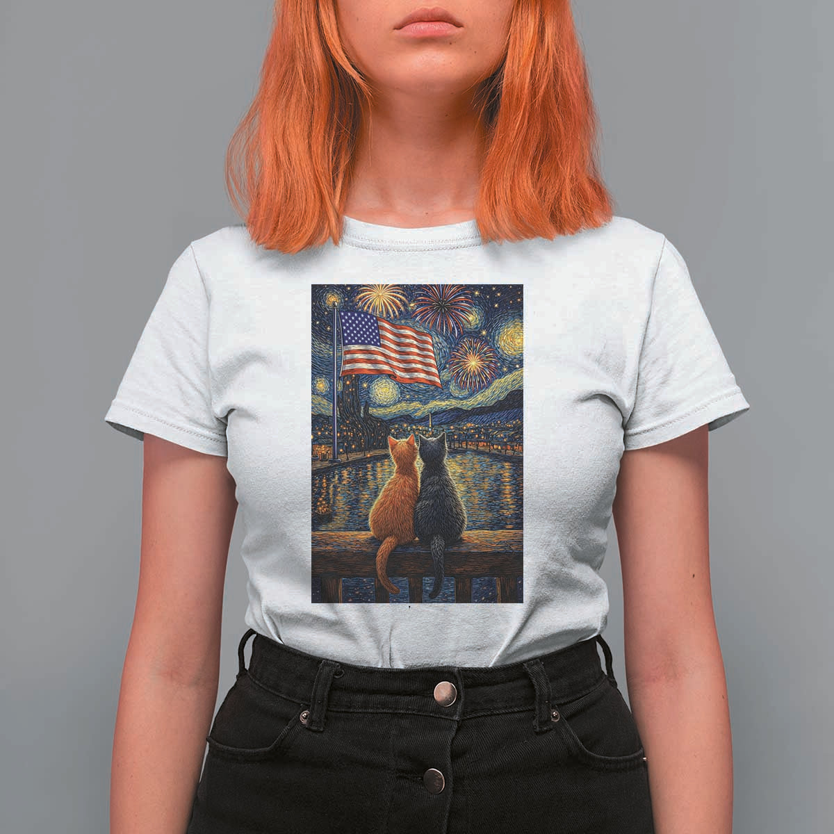 Starry Night Cat Patriotic American Pride T Shirt For Women