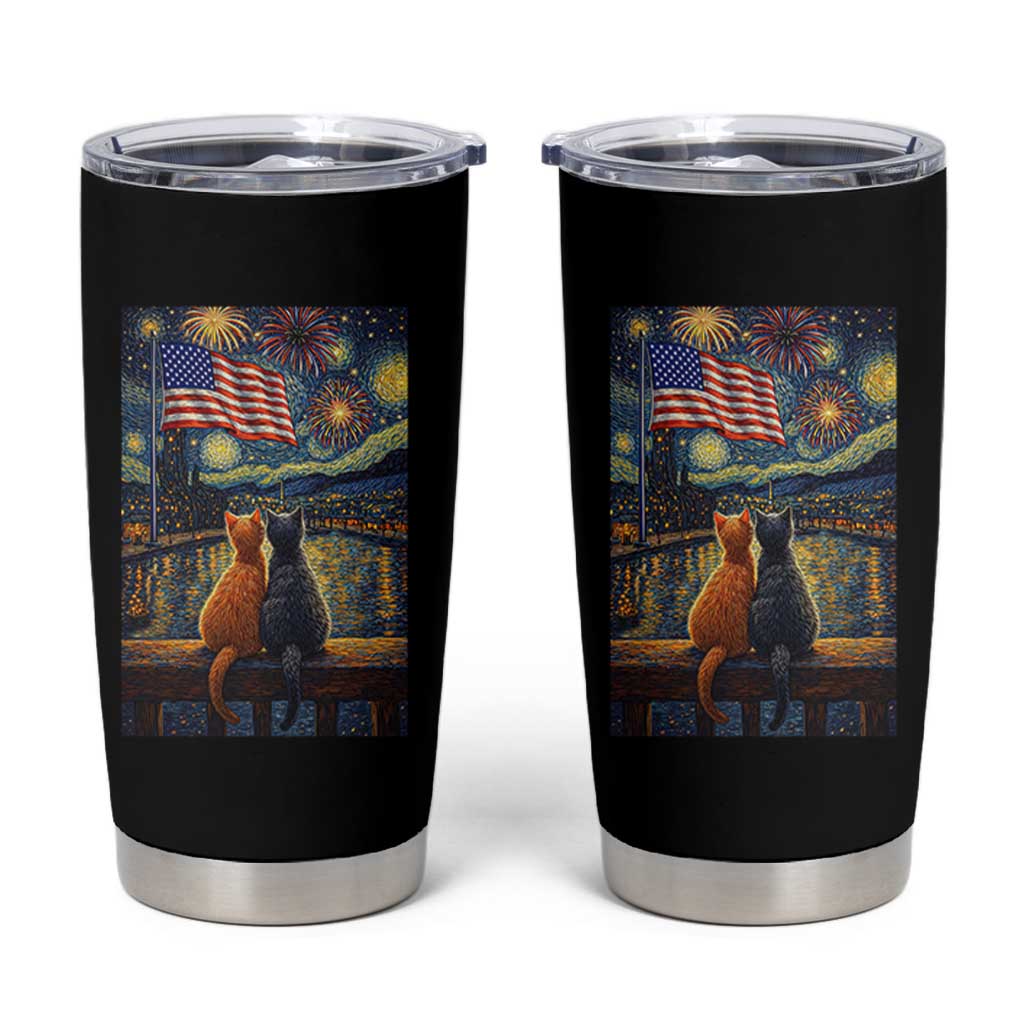 Starry Night Cat Patriotic American Pride Tumbler Cup