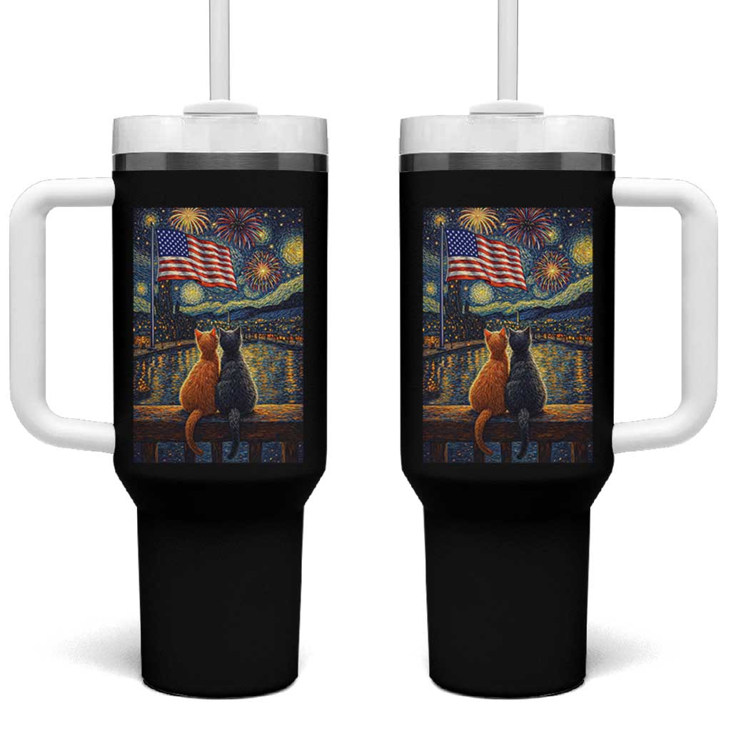 Starry Night Cat Patriotic American Pride Tumbler With Handle