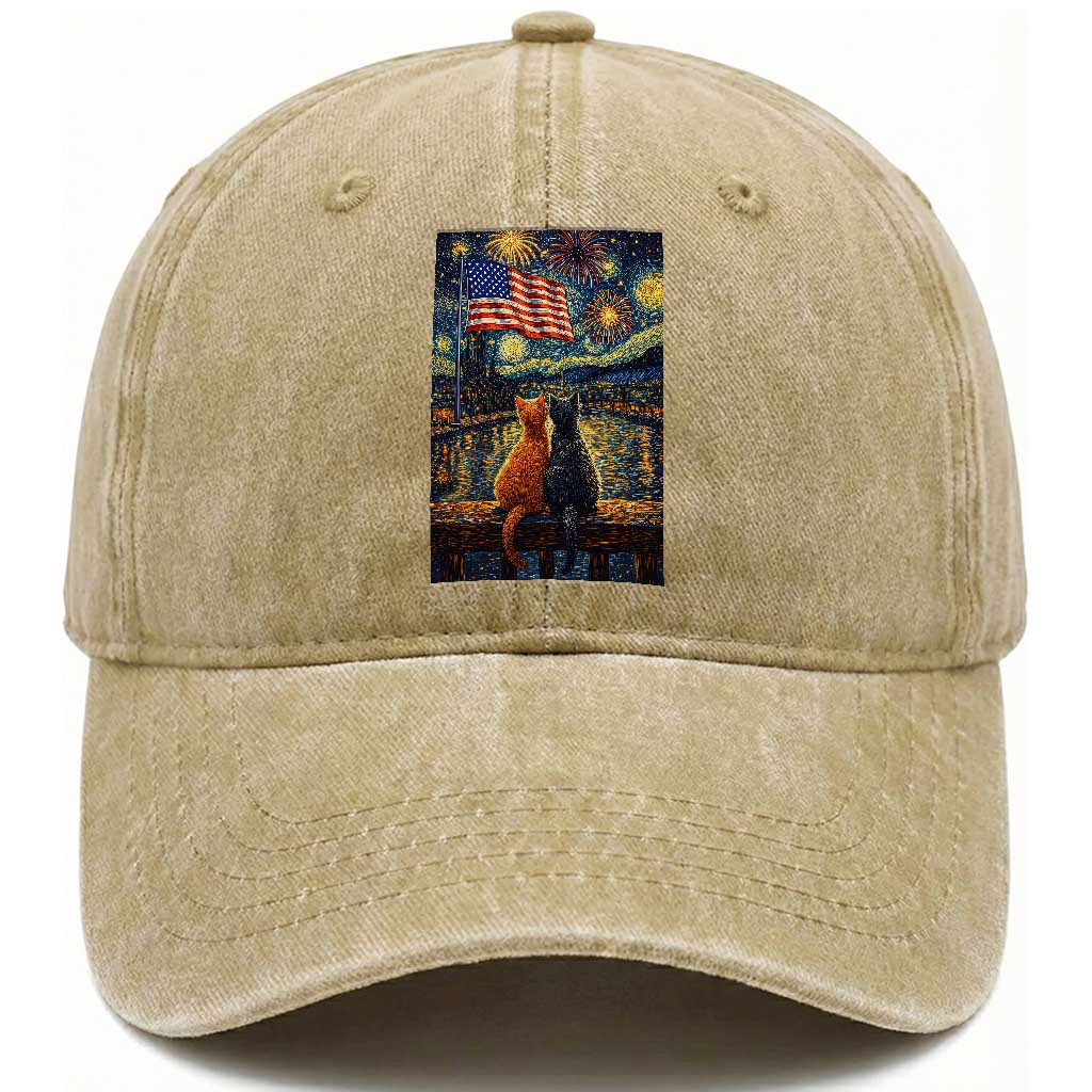 Starry Night Cat Patriotic American Pride Washed Cotton Baseball Cap