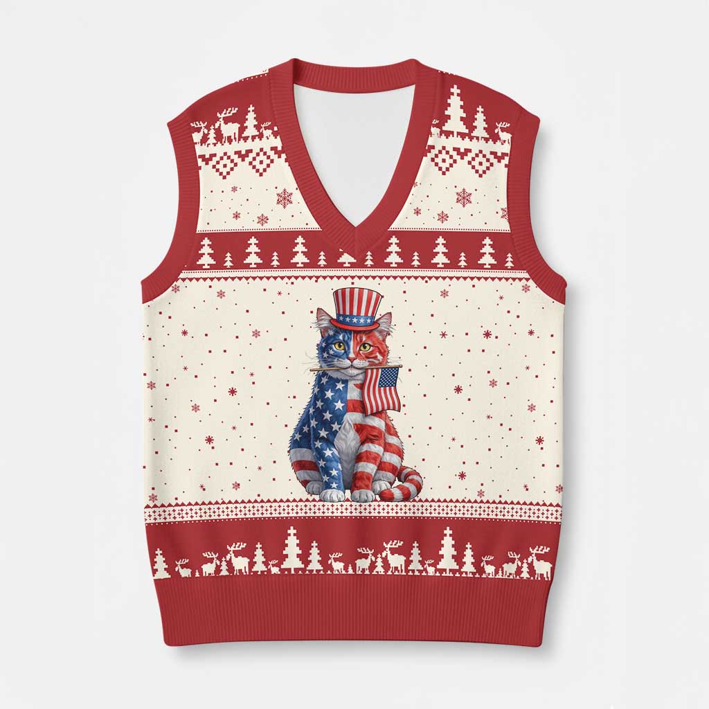 Proud American Cat Lover V-Neck Knit Sweater Vest Patriotic Animal Lover Gift