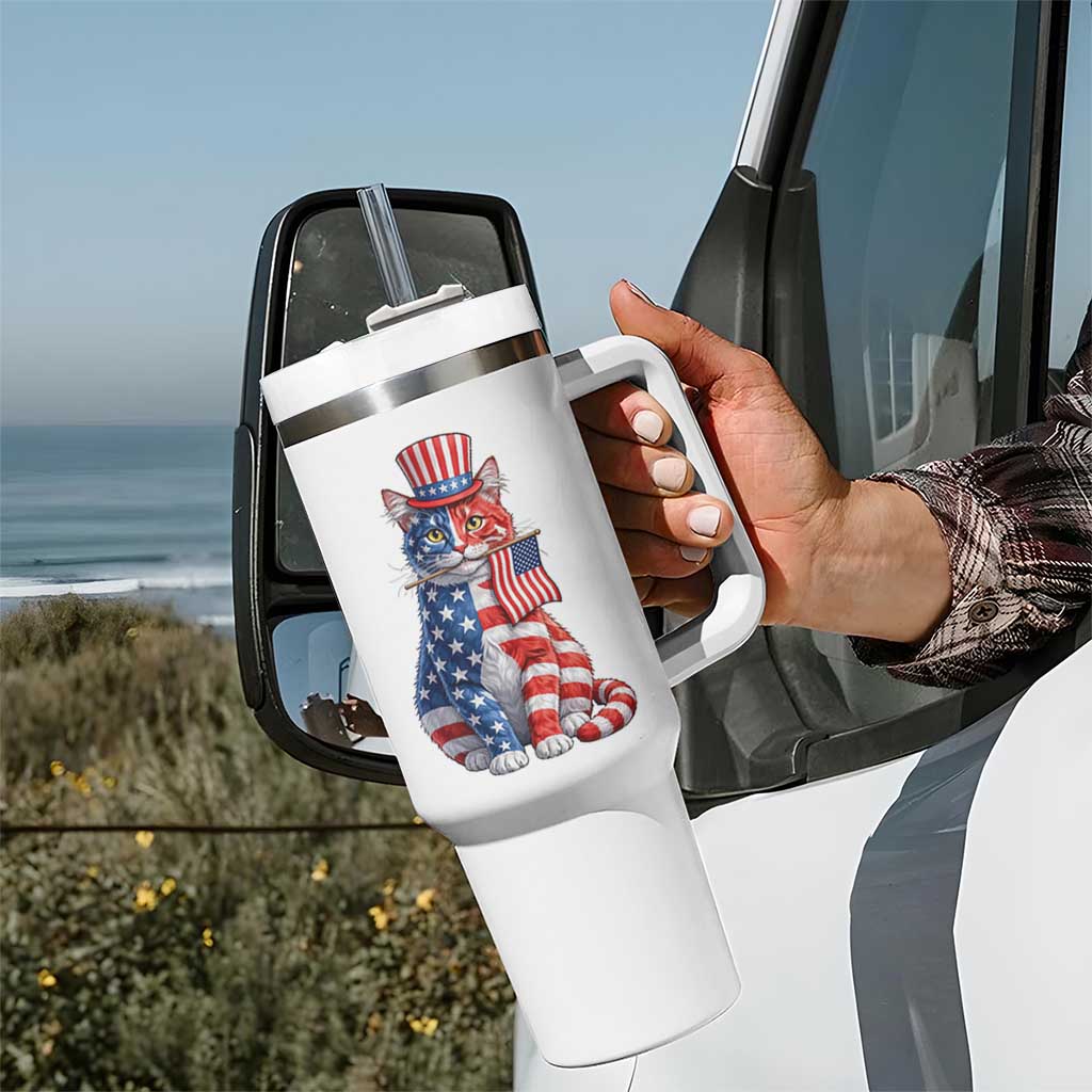 Proud American Cat Lover Tumbler With Handle Patriotic Animal Lover Gift
