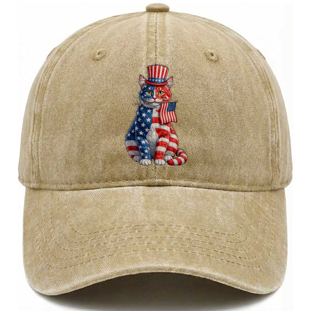 Proud American Cat Lover Washed Cotton Baseball Cap Patriotic Animal Lover Gift