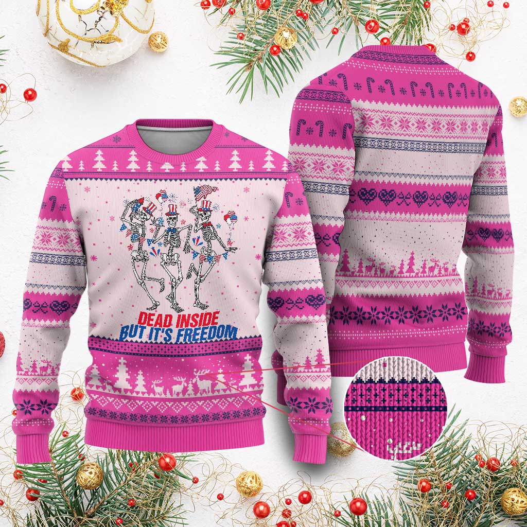 Patriotic Dancing Skeleton Ugly Christmas Sweater Dead Inside But Its Freedom