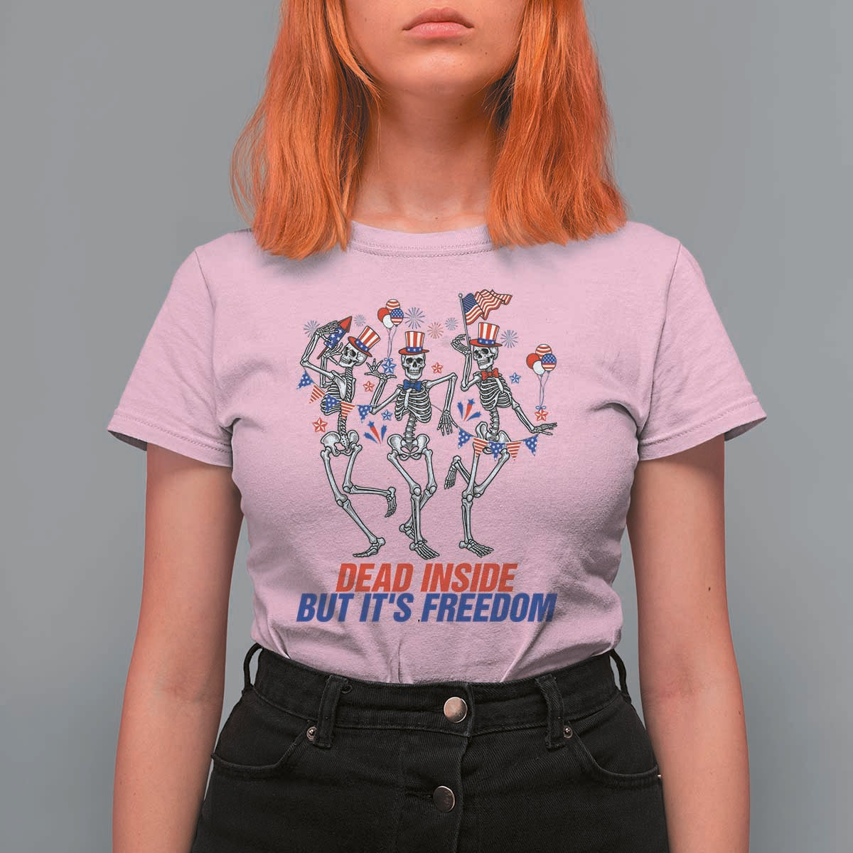 Patriotic Dancing Skeleton T Shirt For Women Dead Inside But Its Freedom