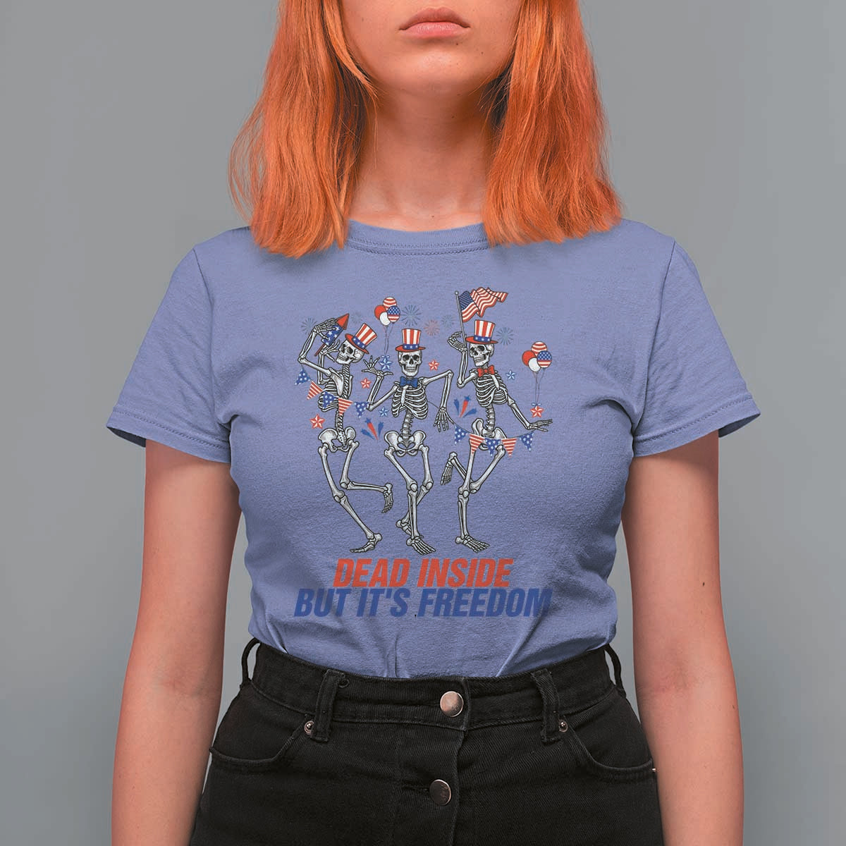 Patriotic Dancing Skeleton T Shirt For Women Dead Inside But Its Freedom