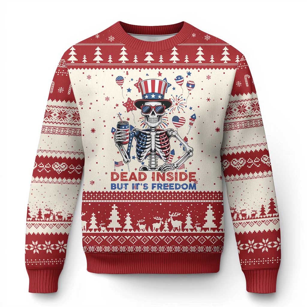 Funny Skeleton Dead Inside But Its Freedom Ugly Christmas Sweater Patriotic Gift