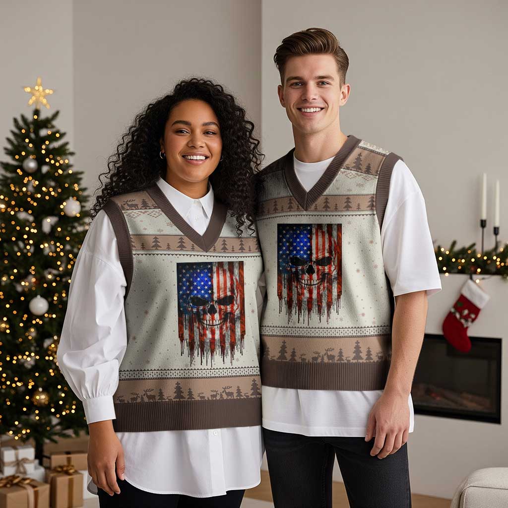 Patriotic Skull American Flag USA Pride V-Neck Knit Sweater Vest