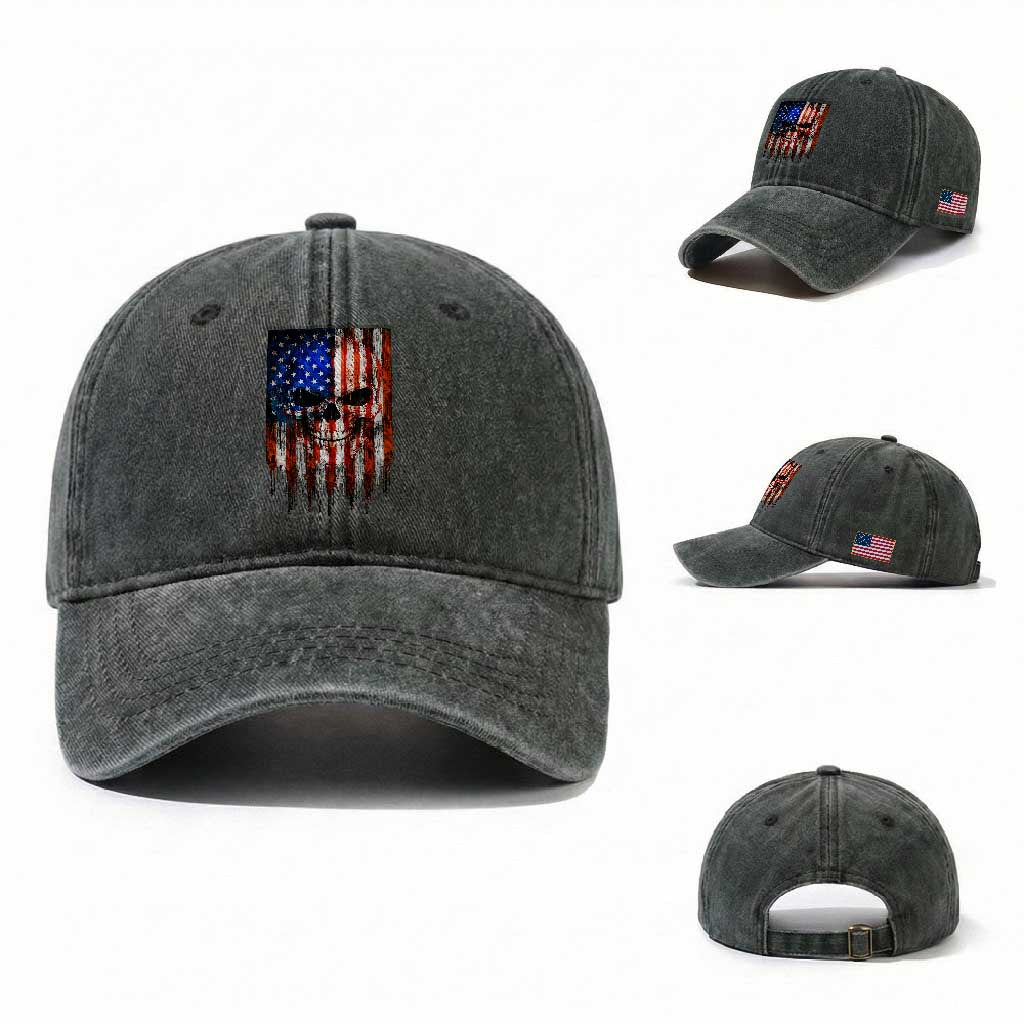Patriotic Skull American Flag USA Pride Washed Cotton Baseball Cap