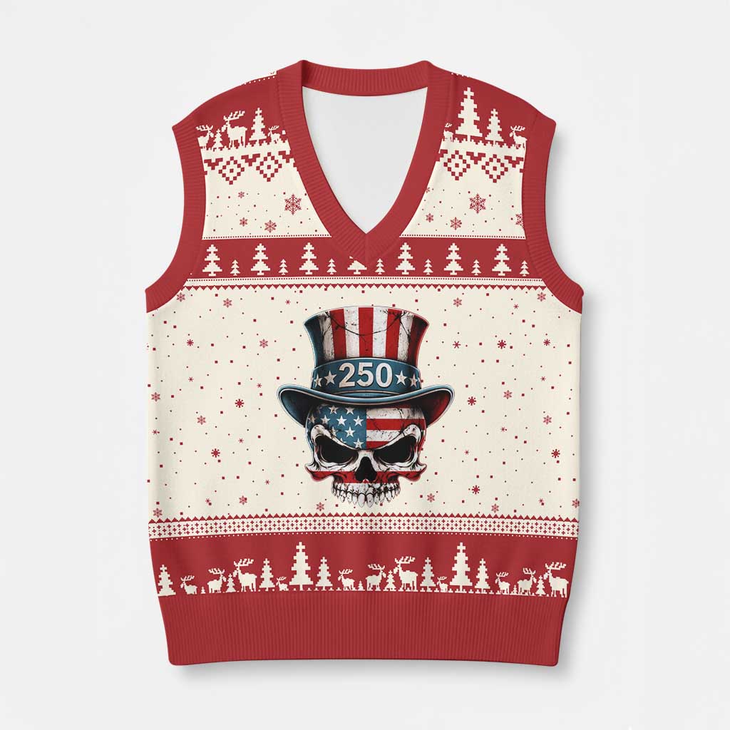 American Flag Skull Patriotic Pride V-Neck Knit Sweater Vest USA 250 Anniversary