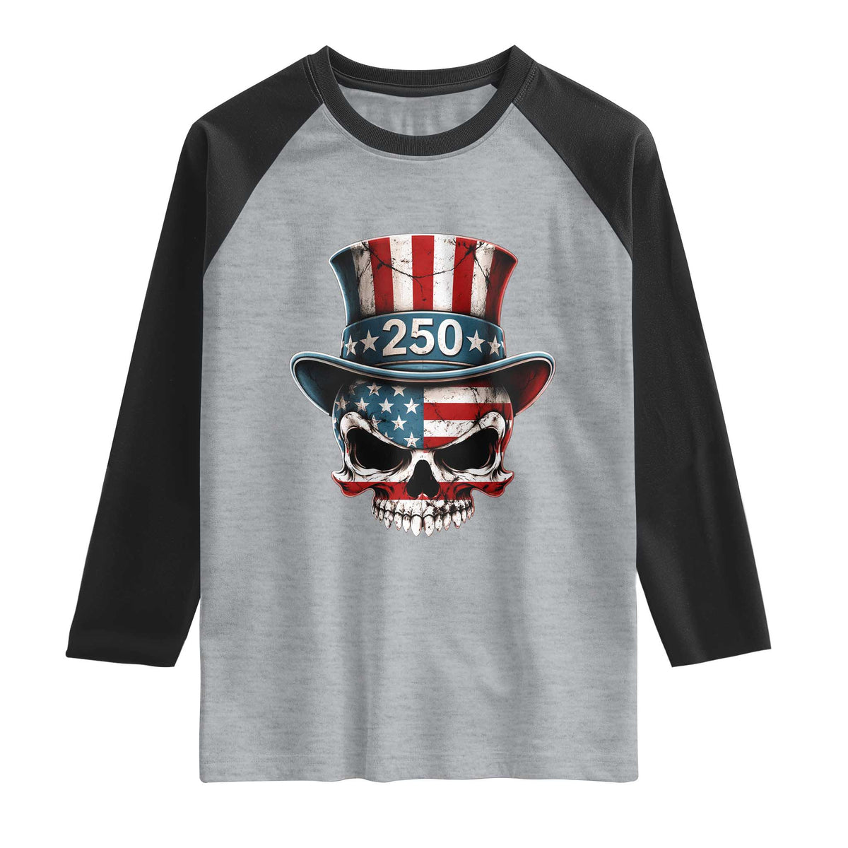 American Flag Skull Patriotic Pride Raglan Shirt USA 250 Anniversary