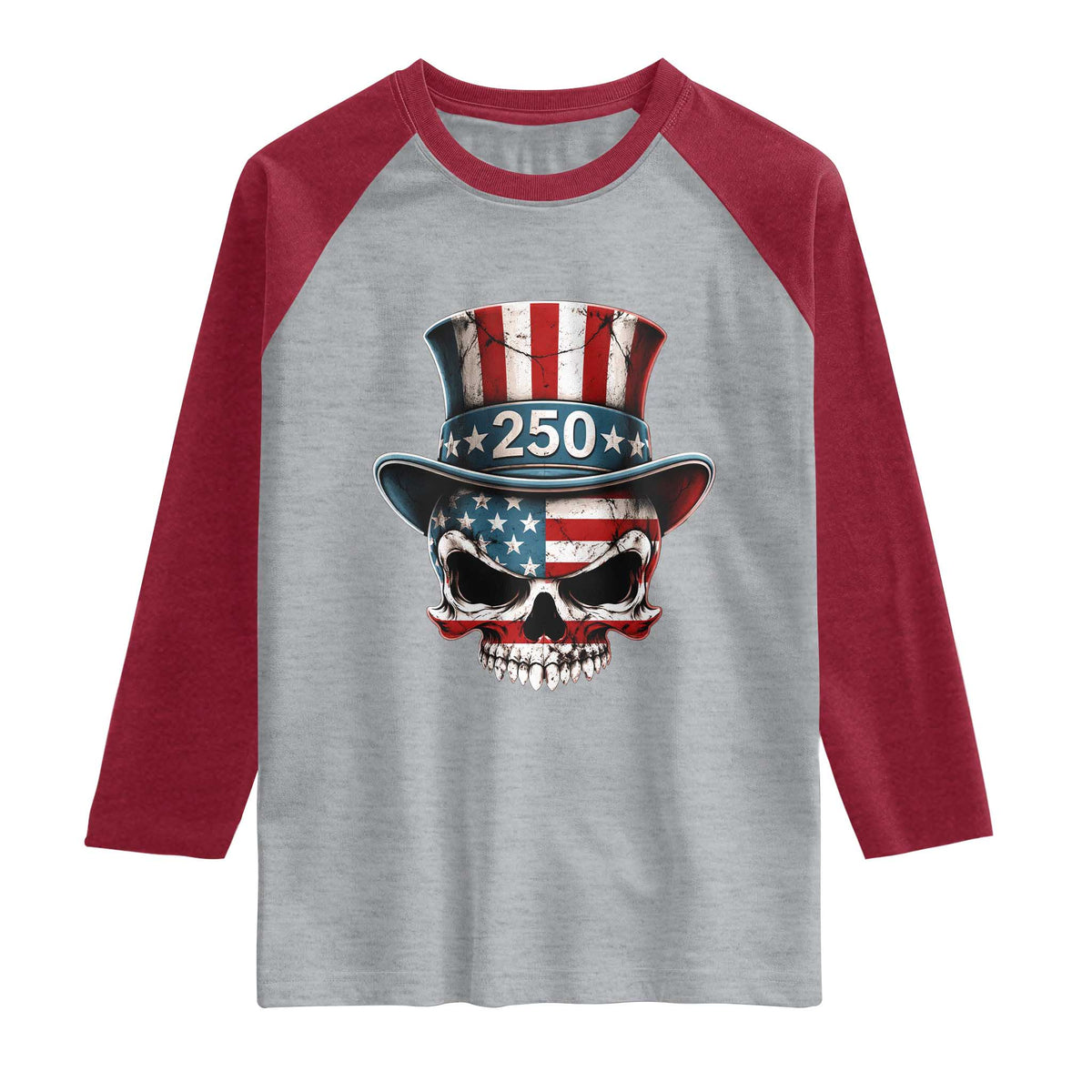 American Flag Skull Patriotic Pride Raglan Shirt USA 250 Anniversary