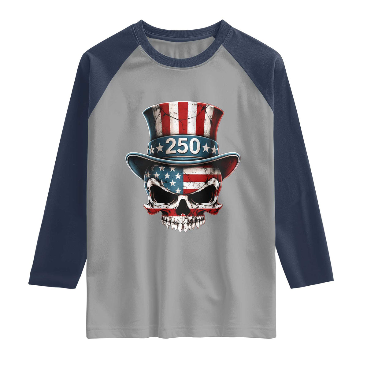 American Flag Skull Patriotic Pride Raglan Shirt USA 250 Anniversary