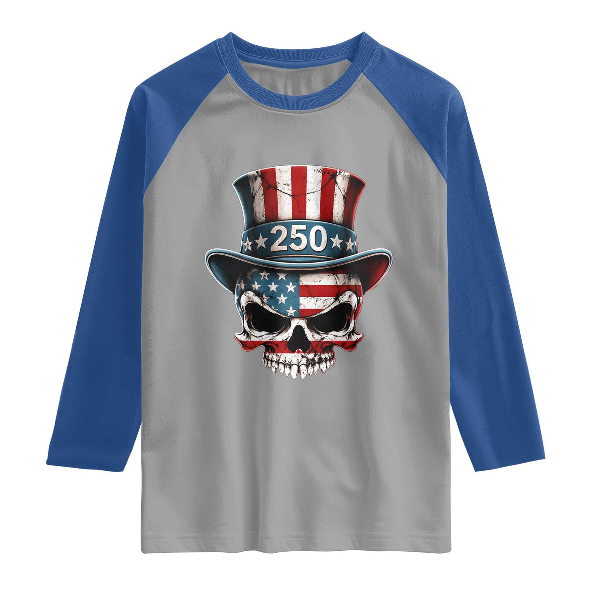 American Flag Skull Patriotic Pride Raglan Shirt USA 250 Anniversary
