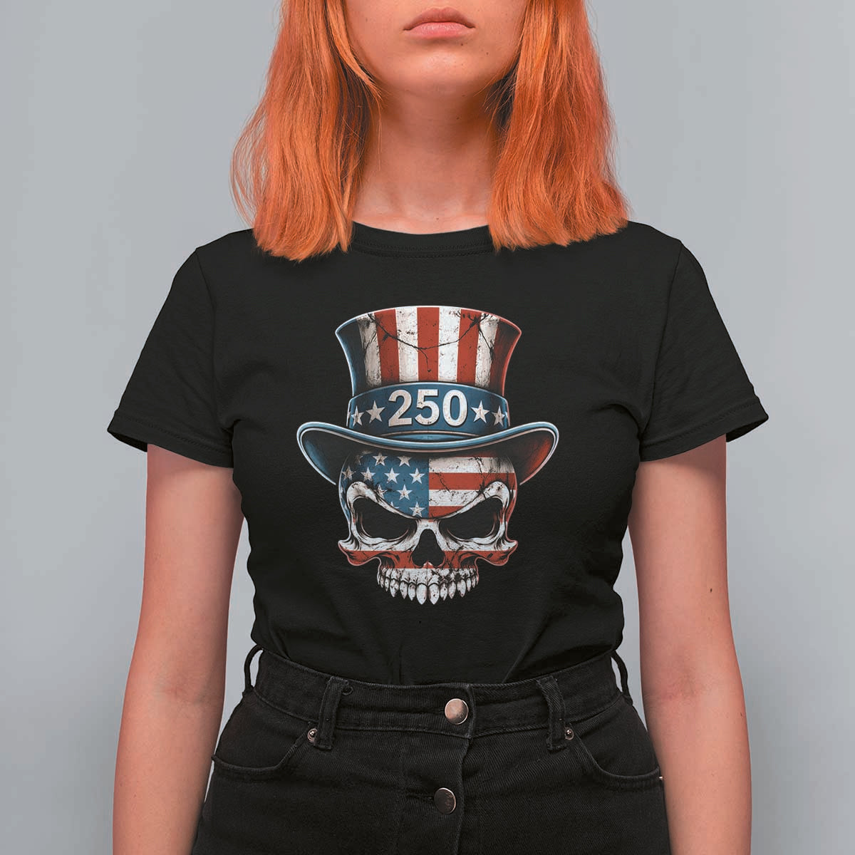 American Flag Skull Patriotic Pride T Shirt For Women USA 250 Anniversary