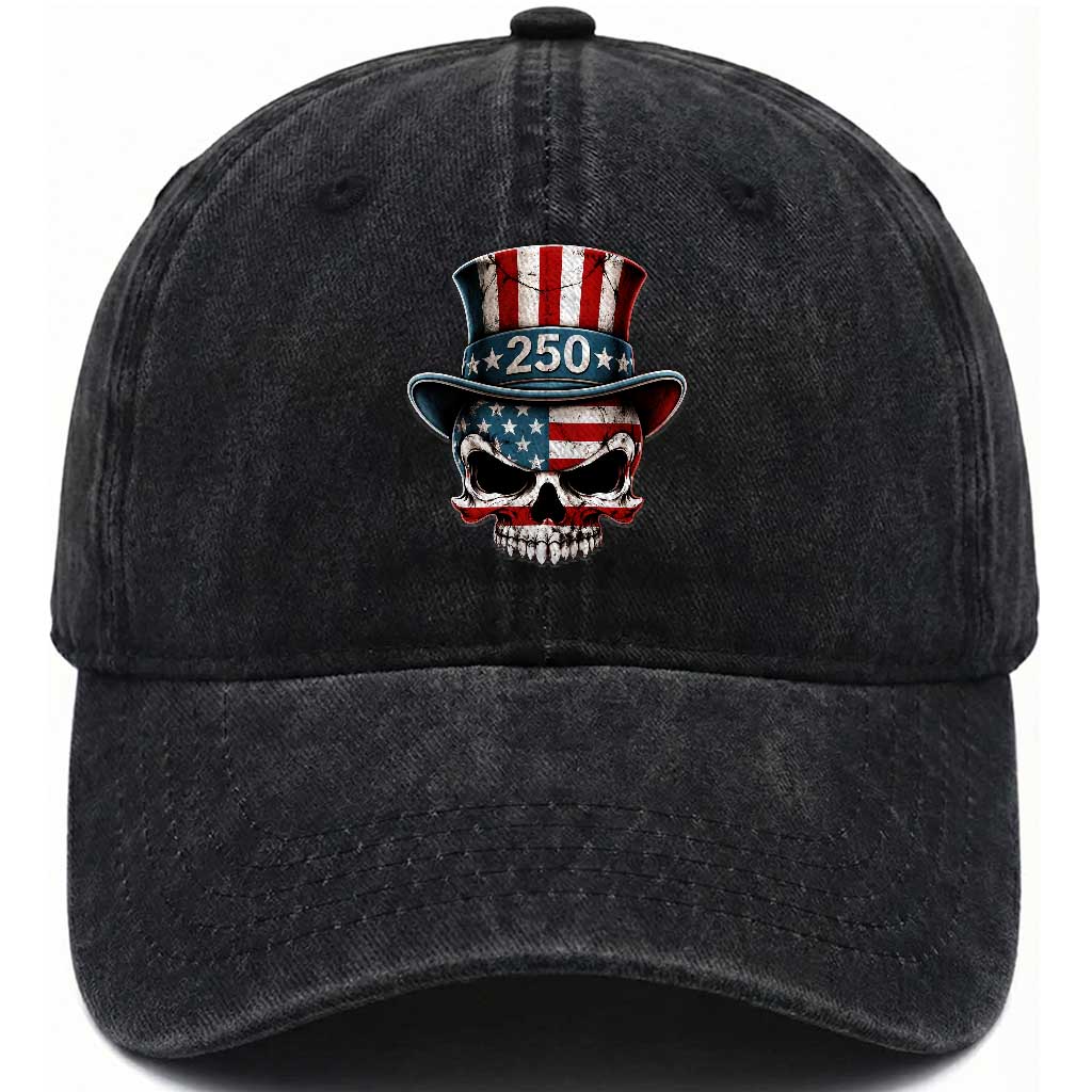 American Flag Skull Patriotic Pride Washed Cotton Baseball Cap USA 250 Anniversary