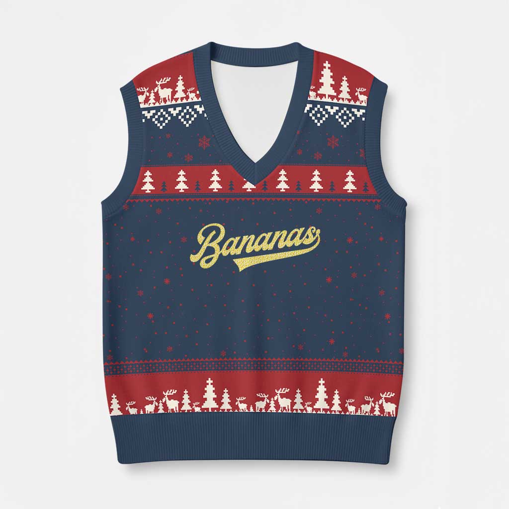 Funny Banana Pattern Typography V-Neck Knit Sweater Vest Retro Throwback Fruit Lover