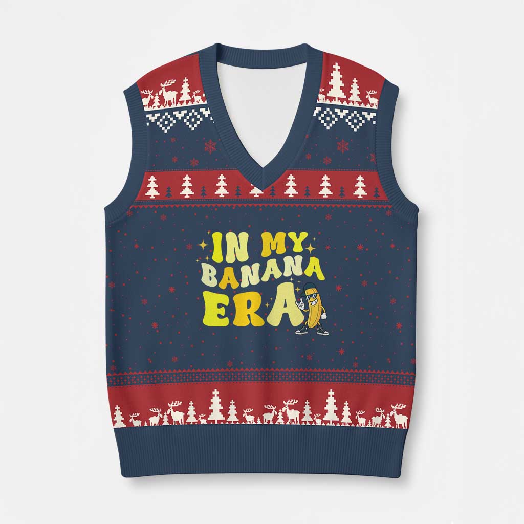 Funny In My Banana Era Graphic V-Neck Knit Sweater Vest Retro Fruit Lover