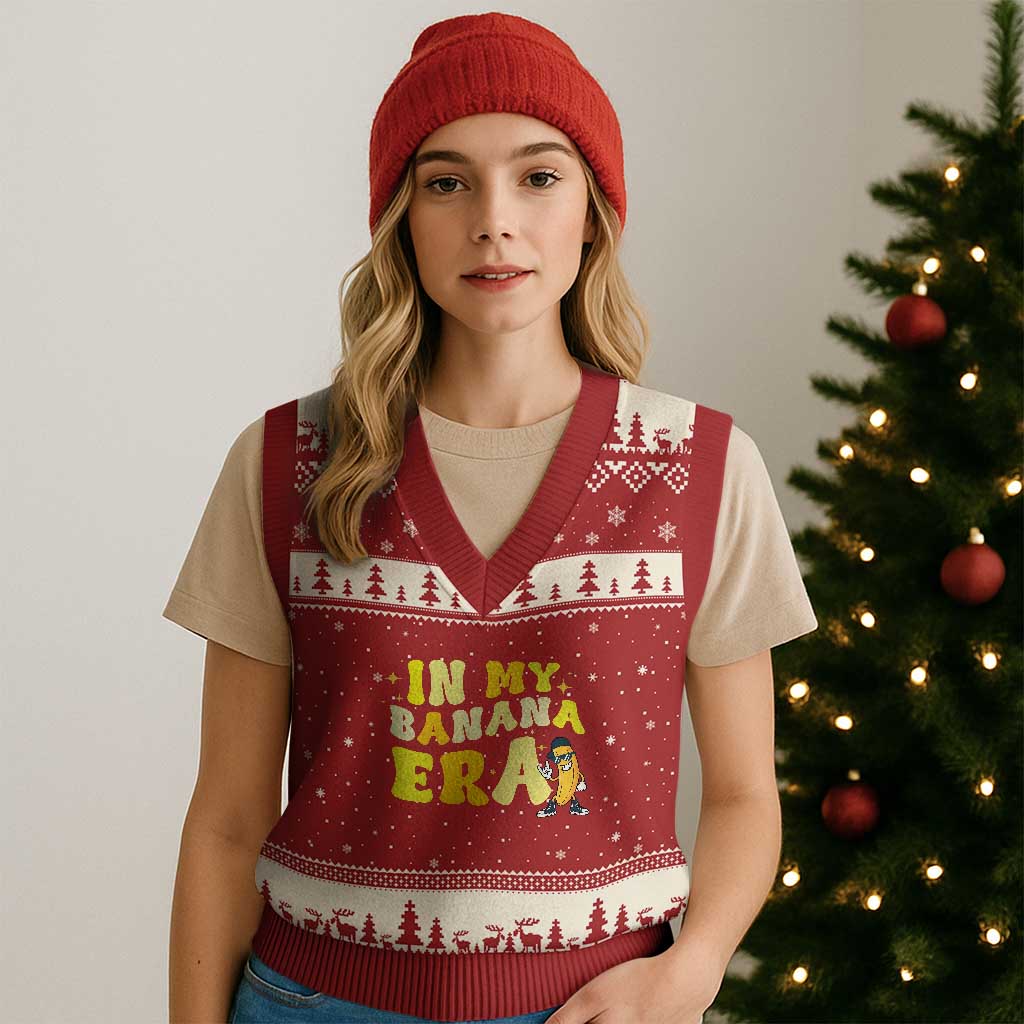 Funny In My Banana Era Graphic V-Neck Knit Sweater Vest Retro Fruit Lover